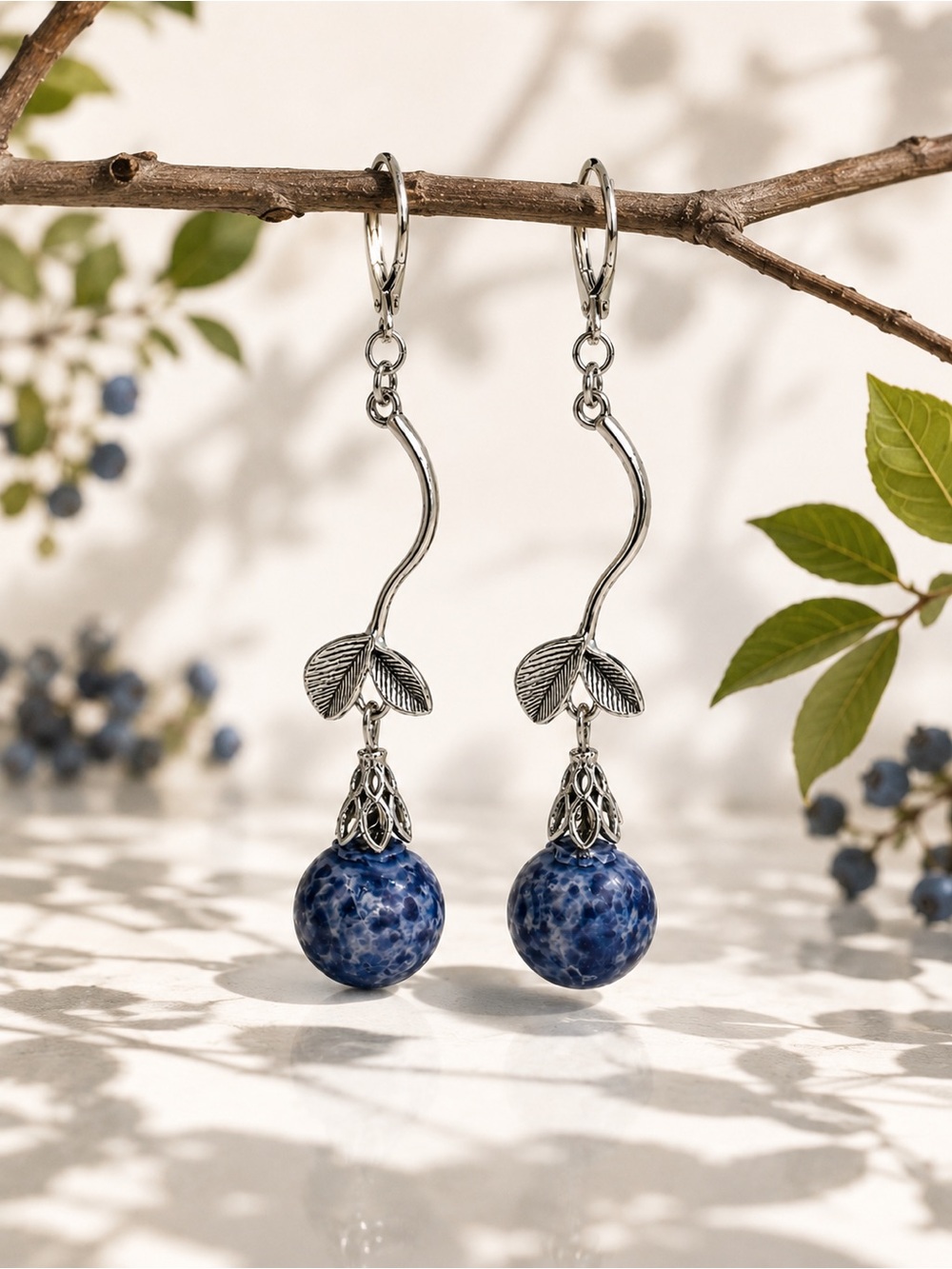 Blueberry Branch Earrings, Blue Glass Dangles, Silver Leverbacks
